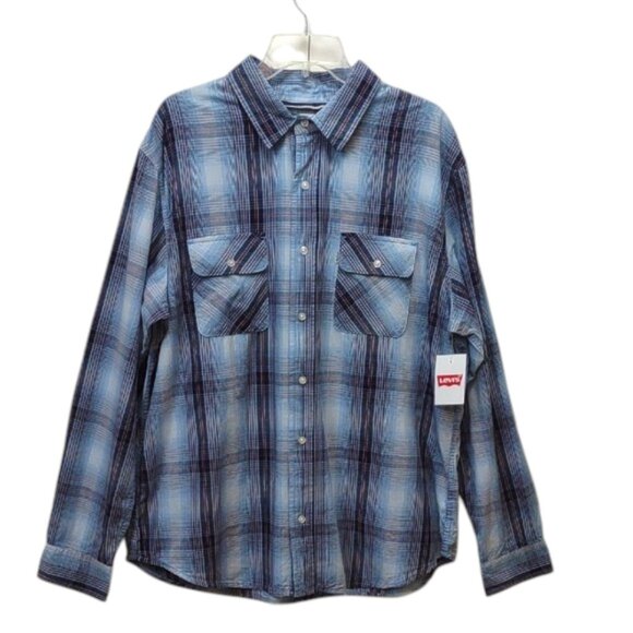 Levi's Men's Blue Plaid 100% Cotton Button Up Long Sleeve Front Pocket Shirt NWT - Picture 1 of 12